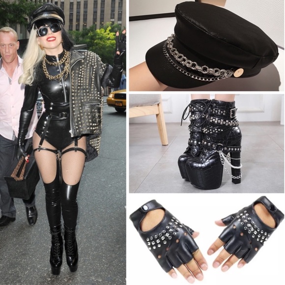 🍒 3PC SET HAT BOOTS GLOVES CHAIN STUD PUNK HIGH HEEL PLATFORM FINGERLESS GOTHIC - Picture 16 of 16